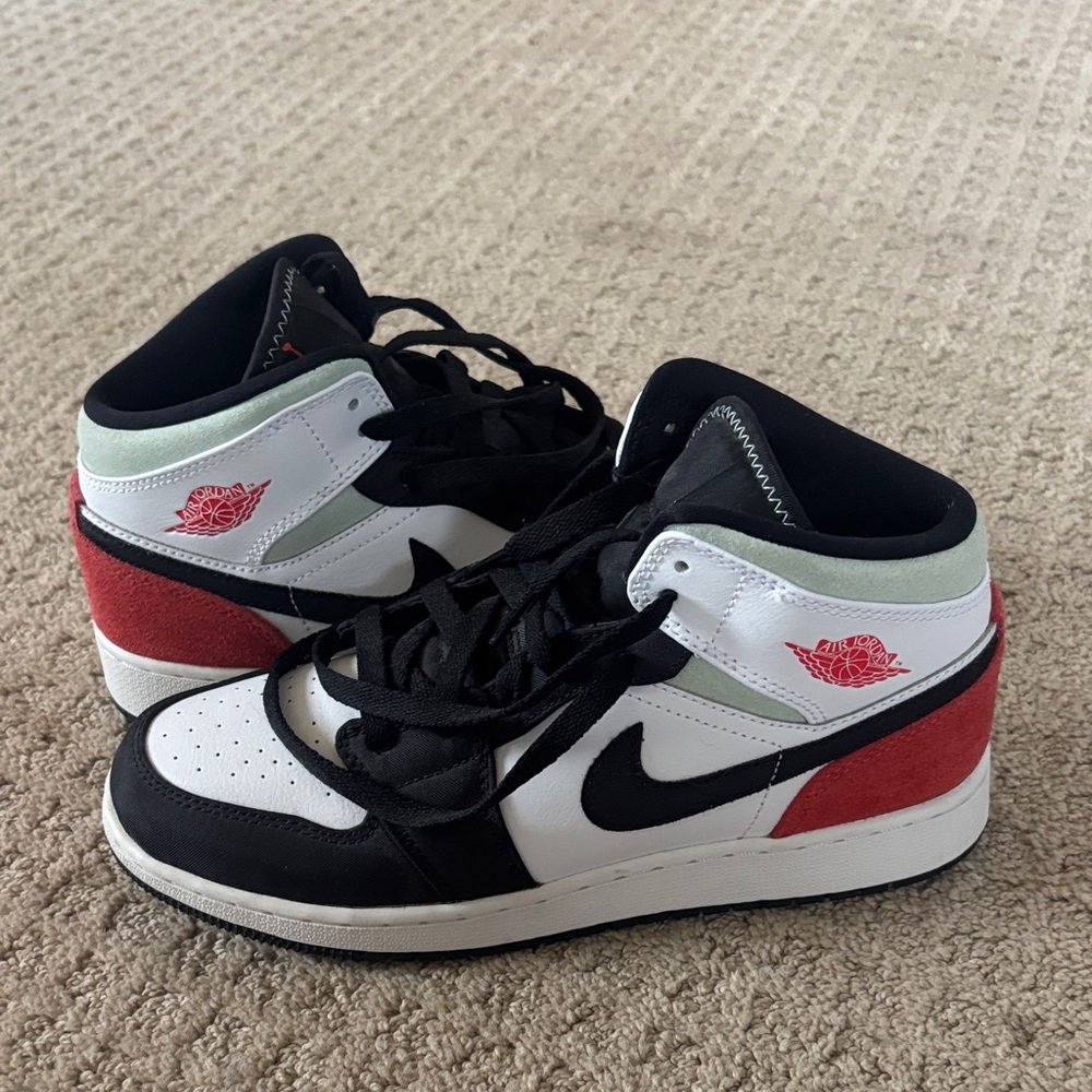 Jordan Youth Black, White, Green and Red Sneakers